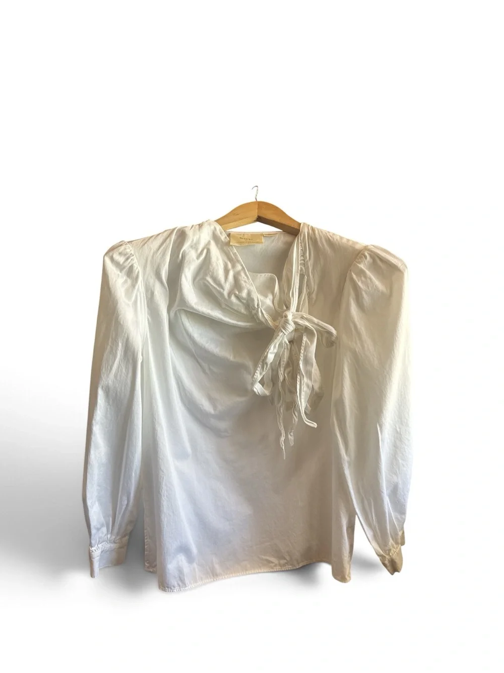 Maeve by Anthropologie White Tie-Neck Ruffle Cotton Blouse Long Sleeve Shirt